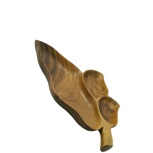 Vintage Monkeypod Wood Bowl Leaf Shape Divided Serving Trays Nuts Candy - Picture 3 of 12